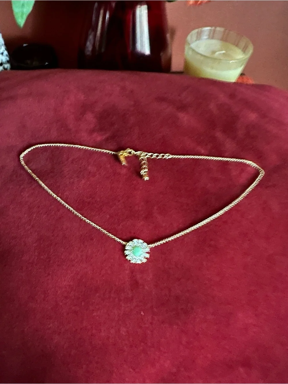Vintage KateSpade NY Gold Tone small Necklace with Green Gem Floral Pendant
